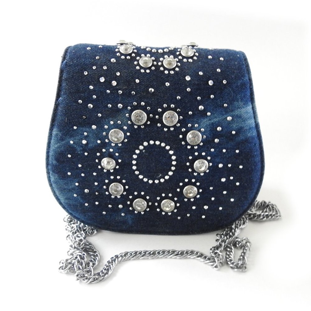 Like New Bedazzled Studded Denim Crossbody Bag Shoulder Purse